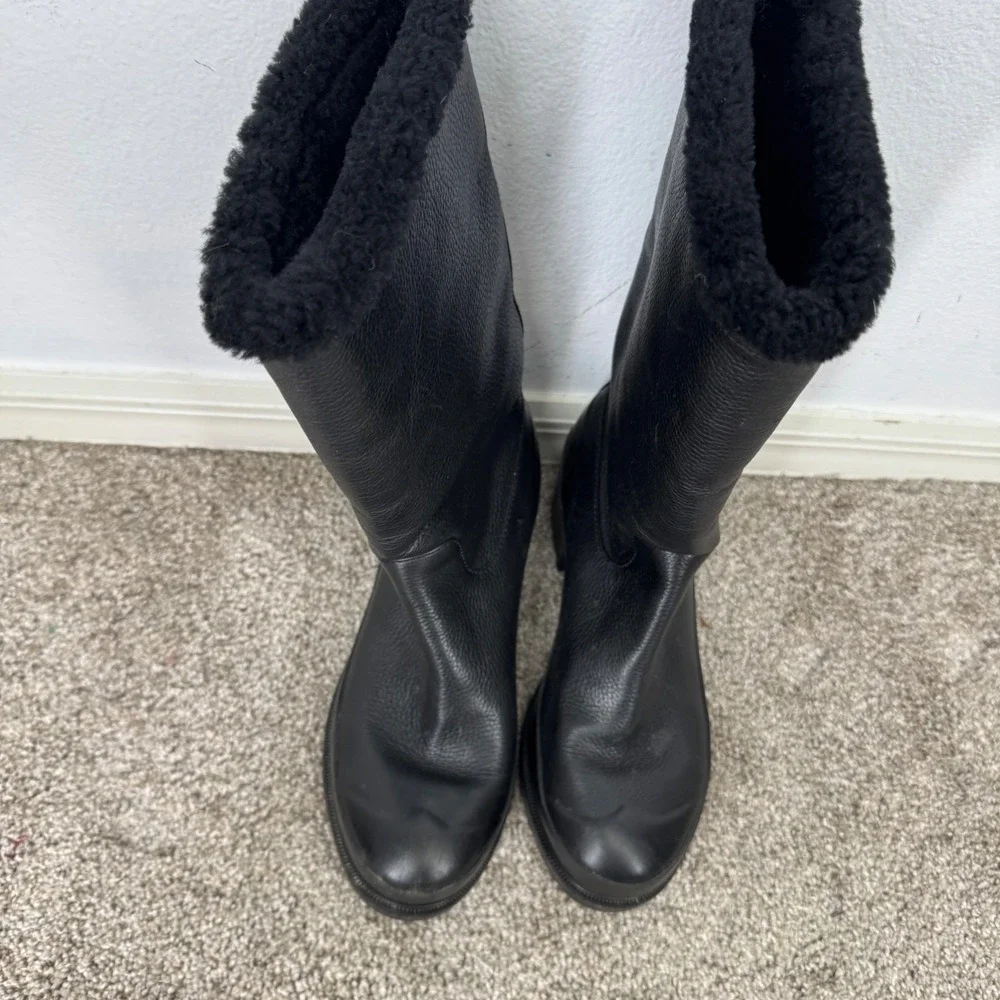 Hunter Refined Pebbled Leather Faux Fur Lined Mid Calf Rain Boots Black Womens